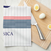 ブルーボー航海のトいかりアンドコーラル&ブルーストライプズ キッチンタオル (四つ折り)