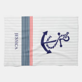 ブルーボー航海のトいかりアンドコーラル&ブルーストライプズ キッチンタオル (横)