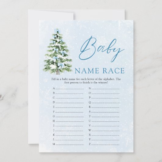 ブルーボー クリスマス ベイビー ネーム レース ベイビー シャワーパーティー ゲーム 招待状 (正面)