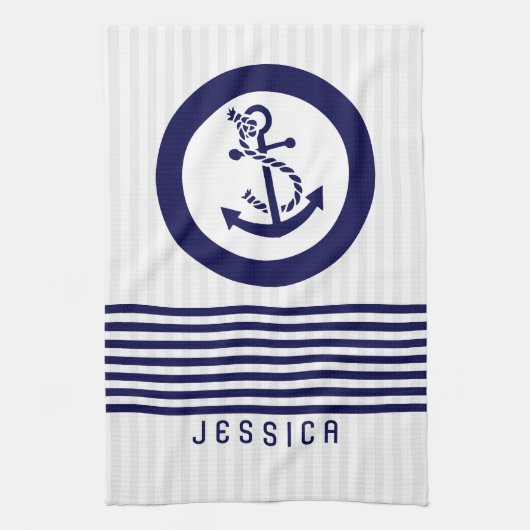 ブルーボ航海のートいかりとストライプ キッチンタオル (縦)