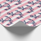 ブルーボ航海のートいかりホワイトとピンクのストライプ ラッピングペーパー (角)