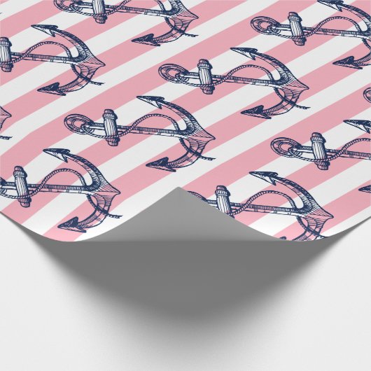 ブルーボ航海のートいかりホワイトとピンクのストライプ ラッピングペーパー (角)