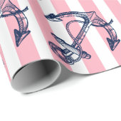 ブルーボ航海のートいかりホワイトとピンクのストライプ ラッピングペーパー (ロールコーナー)
