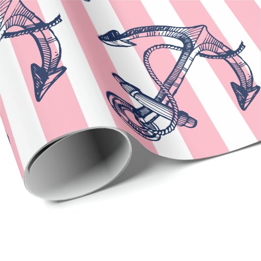 ブルーボ航海のートいかりホワイトとピンクのストライプ ラッピングペーパー (ロールコーナー)