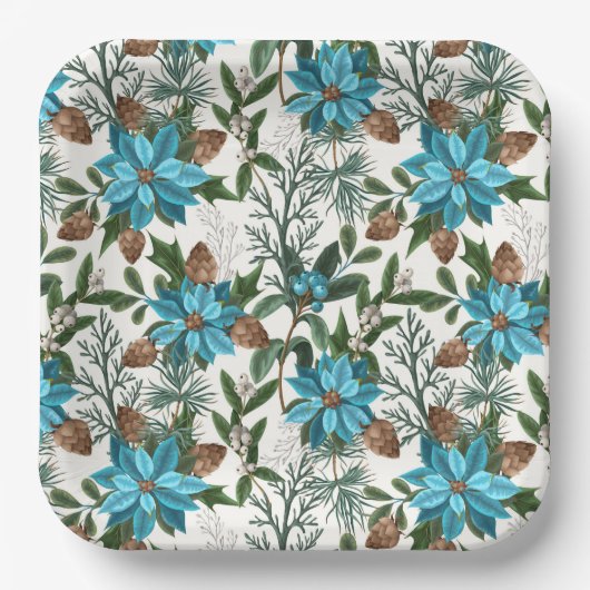 ブルーポインセチア&パインズ ペーパープレート (正面)