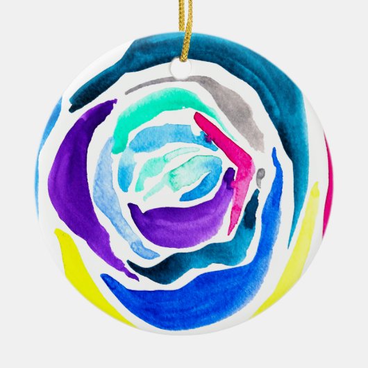 ブルーポップ・アートのアートバラ水彩画 セラミックオーナメント (正面)