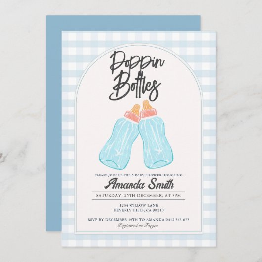 ブルーポピンボトルベビーシャワー招待状 招待状 (正面/裏面)