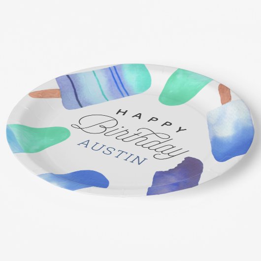 ブルーポプシクルパーソナライズされた子供の誕生日パーティー ペーパープレート (アングル)