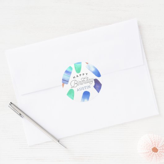 ブルーポプシクルパーソナライズされた子供の誕生日 ラウンドシール (封筒)