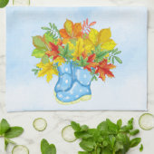 ブルーポルカドットレインブーツ紅葉 キッチンタオル (折り畳み)