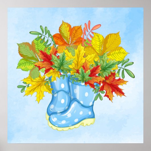 ブルーポルカドットレインブーツ紅葉 ポスター (正面)