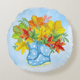 ブルーポルカドットレインブーツ紅葉 ラウンドクッション