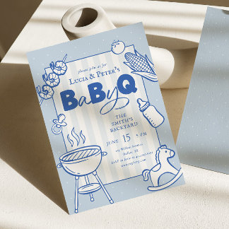 ブルーポルカドットBBQカップルベビーQベビーシャワー 招待状