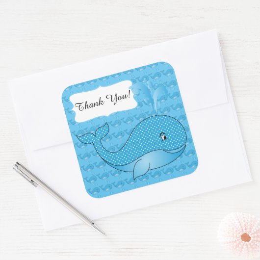 ブルーポルカ点々のあるベビークジラ | DIY文字 スクエアシール (封筒)