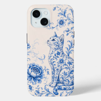 ブルーポーセリンキャット フラワー携帯ケース iPhone 15ケース