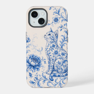 ブルーポーセリンキャット フラワー携帯ケース iPhone 15ケース