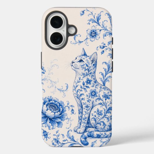 ブルーポーセリンキャット フラワー柄フォンケース Case-Mate iPhoneケース (裏面)