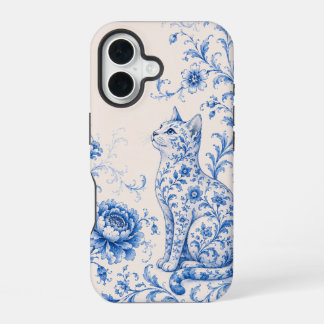 ブルーポーセリンキャット フラワー柄フォンケース iPhone 16ケース