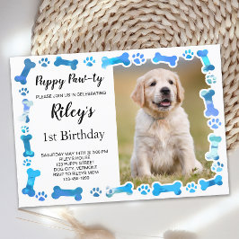 ブルーポープリントボーンズ子犬誕生日 招待状