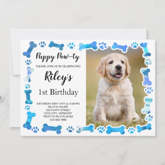 ブルーポープリントボーンズ子犬誕生日 招待状 (正面)