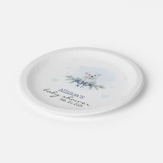 ブルーポーラーベアーキュブボーイハート冬ベビーシャワー ペーパープレート (アングル)