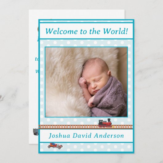 ブルーポ淡い色のルカドット男の赤ちゃん誕生発表 案内状 (正面/裏面)