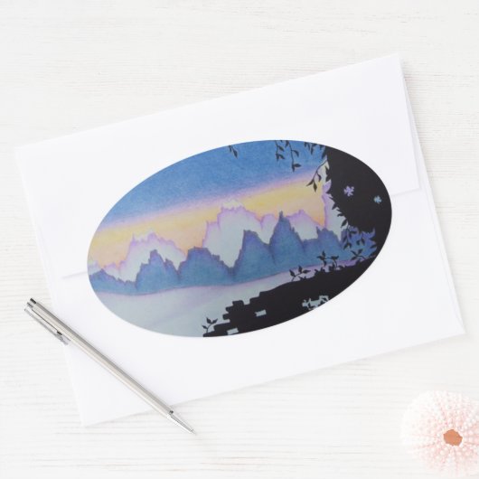 ブルーマウンテンサンセットランドスケープイラストレーション 楕円形シール (封筒)