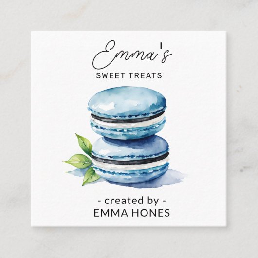 ブルーマカロンモダンウォーターカラーベーカリー スクエア名刺 (正面)