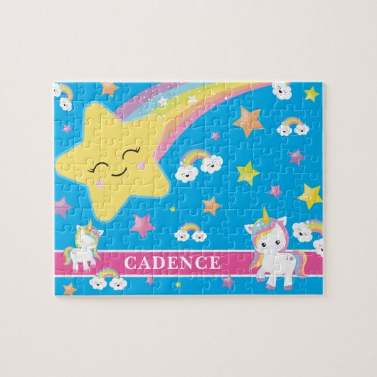 ブルーマジカルレインボーユニコーンパーソナライズされたキッズ ジグソーパズル (横)