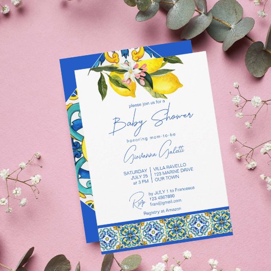 ブルーマジョリカタイルレモン地中海のベビーショー 招待状