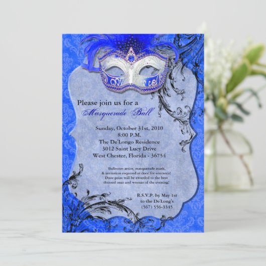 ブルーマスカレードのボールマスクの衣装ハロウィーンの部分 招待状 (スタンド正面)