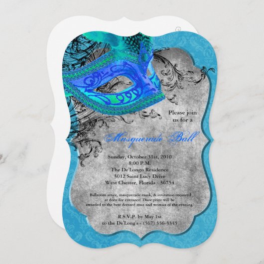 ブルーマスカレードのボールマスクの衣装ハロウィーンの部分 招待状 (正面/裏面)