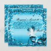 ブルーマスカレードマスクエレガントボールパーティー 招待状 (正面/裏面)