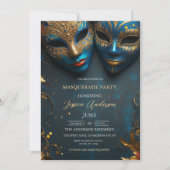 ブルーマスクマスカレードパーティー誕生日 招待状 (正面)