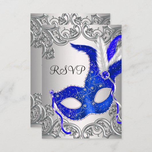 ブルーマスク王室のマスカレードパーティーRSVP 出欠カード (正面/裏面)