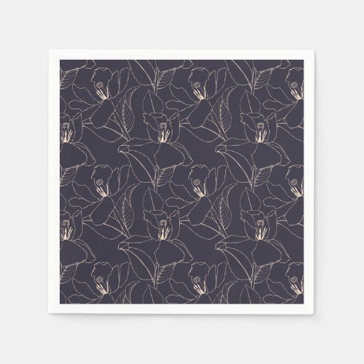 ブルーマゼンタリリーの葉の小麦の黄褐色の線スケッチ スタンダードカクテルナプキン (正面)