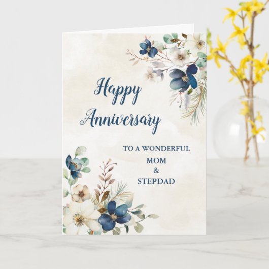 ブルーママとステプダ結婚ッドの記念日 カード (黄色い花)