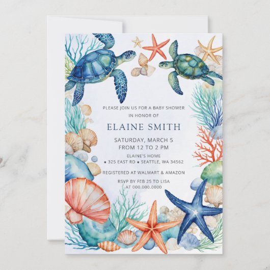 ブルーマリンシーシェル海シービーチベビーシャワー 招待状 (正面)