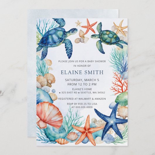 ブルーマリンシーシェル海シービーチベビーシャワー 招待状 (正面/裏面)