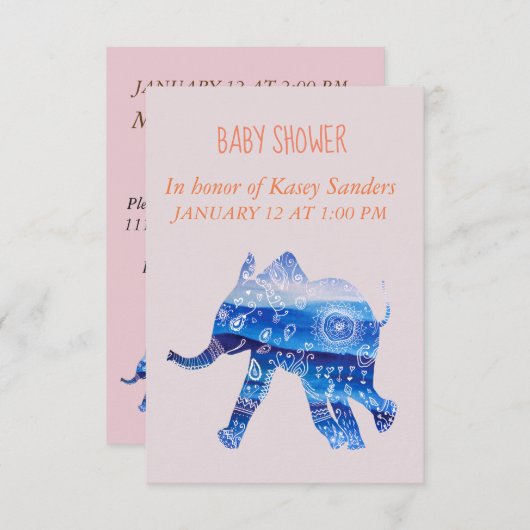 ブルーマンダラベビーゾウベビーシャワー招待状 招待状 (正面/裏面)