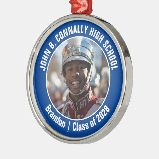 ブルーマーチングバンド写真高校クリスマス メタルオーナメント (左)