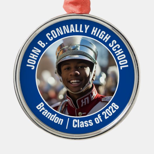 ブルーマーチングバンド写真高校クリスマス メタルオーナメント (正面)