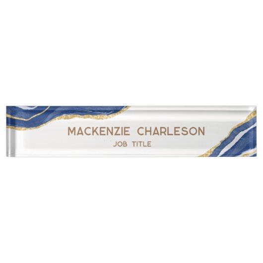 ブルーマーブルアゲート金ゴールドグリッタープロフェッショナル デスクネームプレート (正面)