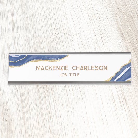 ブルーマーブルアゲート金ゴールドグリッタープロフェッショナル デスクネームプレート