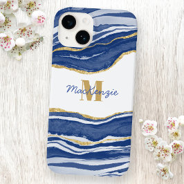 ブルーマーブルアゲート金ゴールドグリッターモノグラム名 Case-Mate iPhone 14ケース