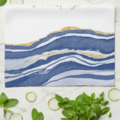 ブルーマーブルアゲート金ゴールドパーソナライズされたグリッター キッチンタオル (折り畳み)