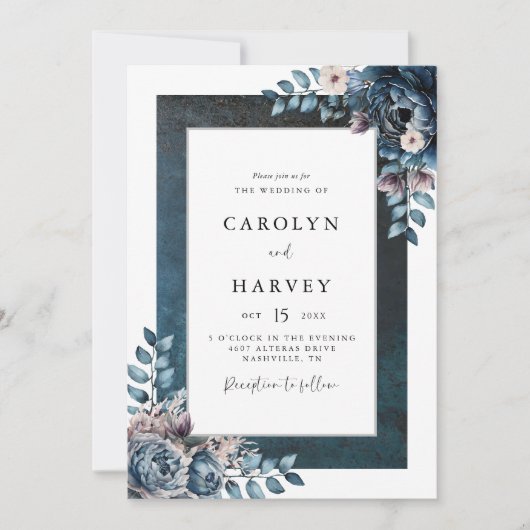 ブルーマーブルエレガントな結婚式 招待状 (正面)