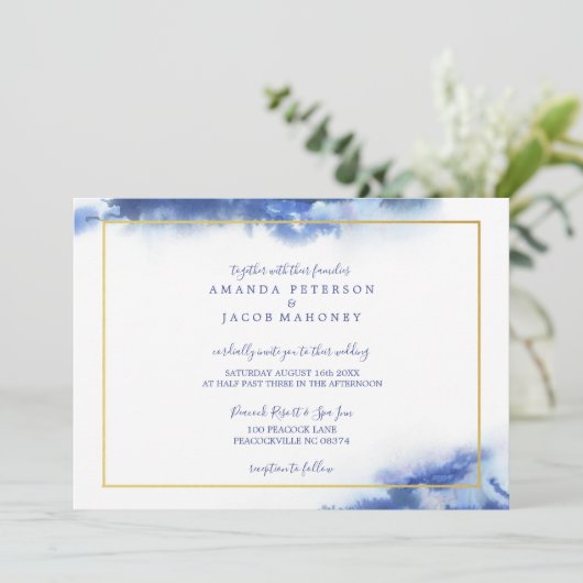 ブルーマーブルオンブレゴールドフレームウェディング 案内状 (スタンド正面)