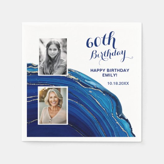 ブルーマーブルグリッター2フォトバースデーパーティー スタンダードカクテルナプキン (正面)