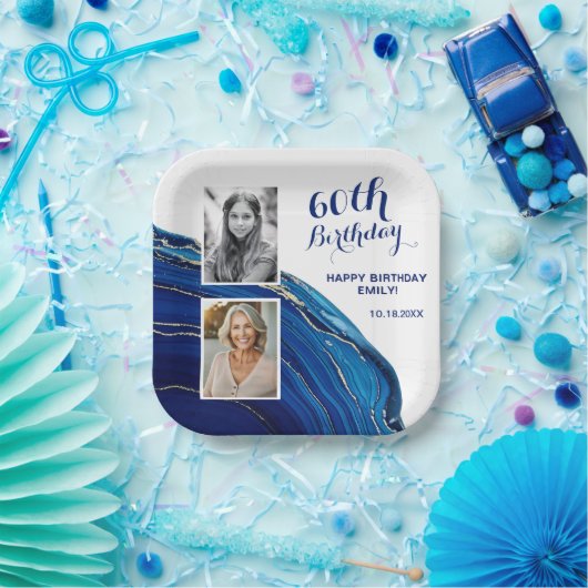 ブルーマーブルグリッター2フォトバースデーパーティー ペーパープレート (パーティー)